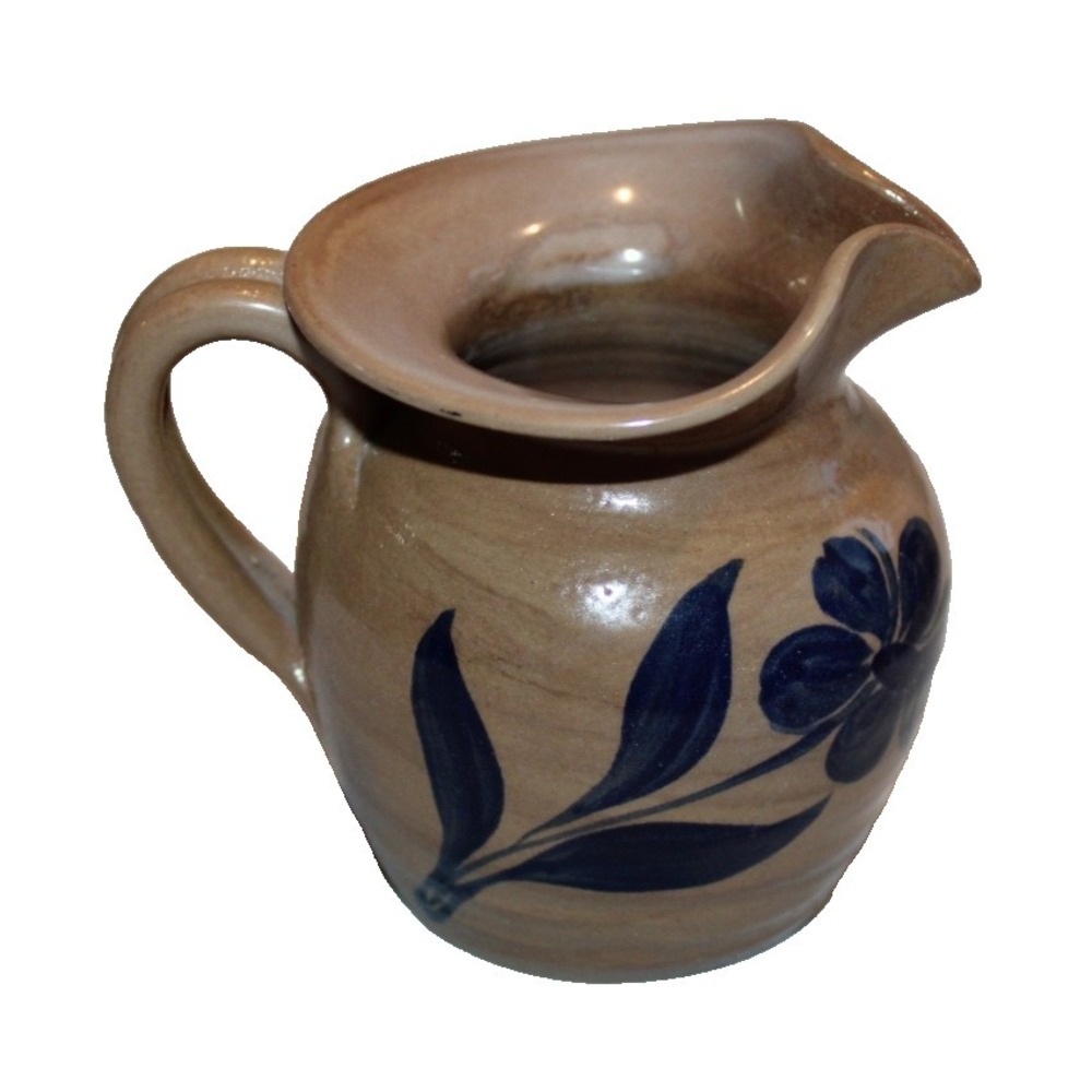 Williamsburg Pottery salt glaze 4" pitcher cobalt blue & beige flower